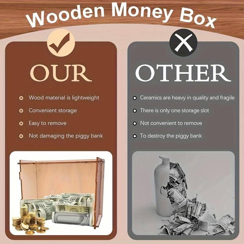 Cash Vault Wooden Savings Box, Wooden Cash Saver Money Box with Money Target and Numbers, Wooden Coin Bank Money Box with Counter for Savings Goal $10000 Best Gift for Friends