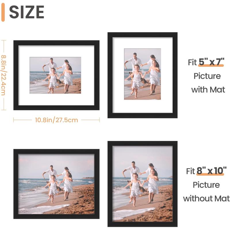 8x10 Picture Frame Set of 5, Display Pictures 5x7 with Mat or 8x10 Without Mat, Wall Gallery Photo Frames