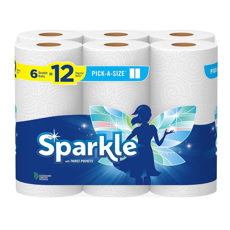 Sparkle Pick-A-Size Paper Towels, 6 Double Rolls = 12 Regular Rolls, Everyday Value Paper Towel With Full And Half Sheets - Great for Kitchen Cleaning Toilet Wipe