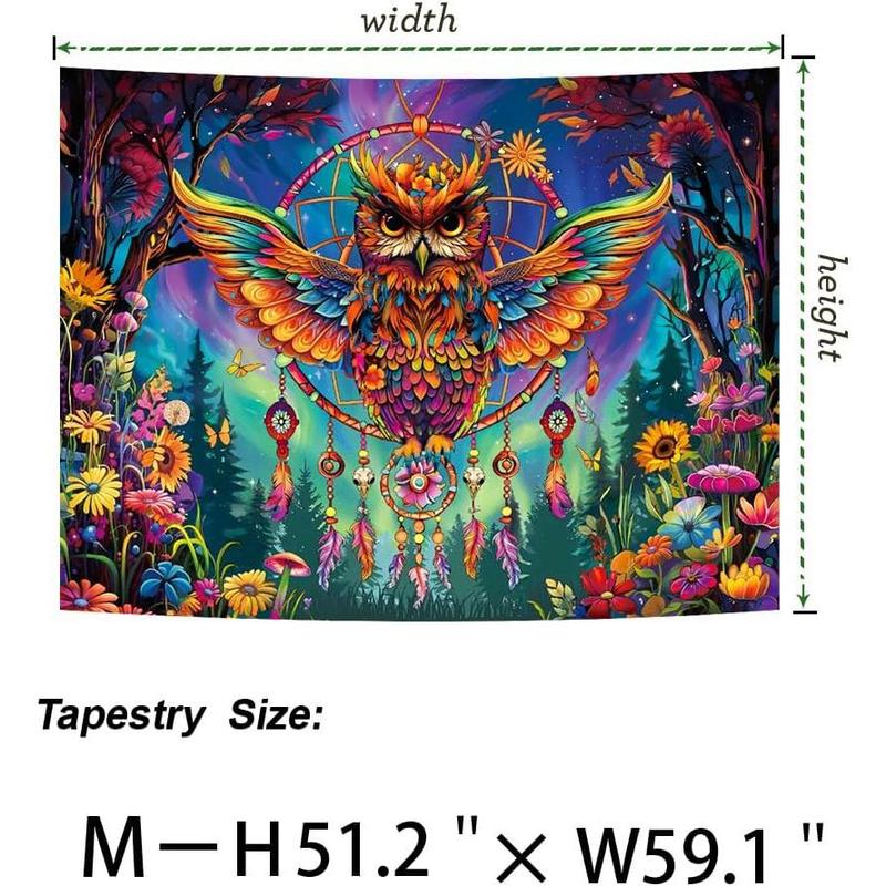 Heynvioo Blacklight Owl Tapestry UV Reactive Psychedelic Owl Tapestry Trippy Dreamcatcher Tapestry Floral Flower Tapestry Wall Hanging Decor for Home