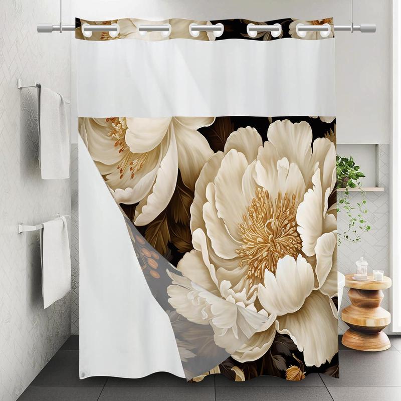 Floral Pattern Shower Curtain Decoration, Waterproof Shower Curtain with 12pcs Hooks, Bathroom Decor Supplies for Home Hotel Salon Dormitory