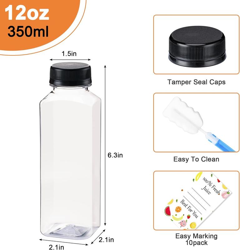 Juice Bottles with Caps 10 count 12oz, Plastic Bottleswith Caps, Clear Reusable Water Bottle,  for Juicing Bottles, Smoothie Bottle, Juice Containers - with 10 count Labels & Bottle Brush