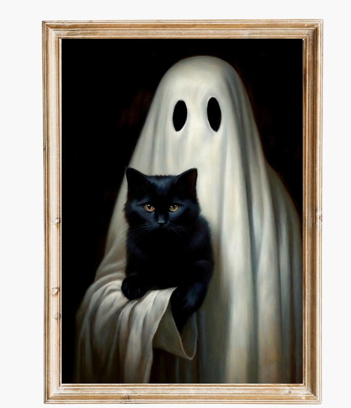 Ghost Holding A Cat Vintage Unframed Poster, Art Poster Print Dark Academia Haunting Ghost, Halloween Home Dorm Kitchen Living Room Decoration Ornaments Photo Artistic, Premium Luster Photo Paper Unframed Various Sizes