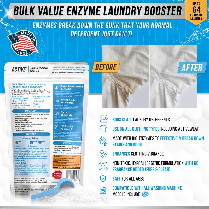 Enzyme Laundry Booster Odor Remover - 2 lbs Unscented Enzymatic Clothes Stain Cleaner Powder, Natural Deodorizer with Bio Active Enzymes, Detergent Additive Eliminator for Sweat, Oil, Blood - 64 Loads