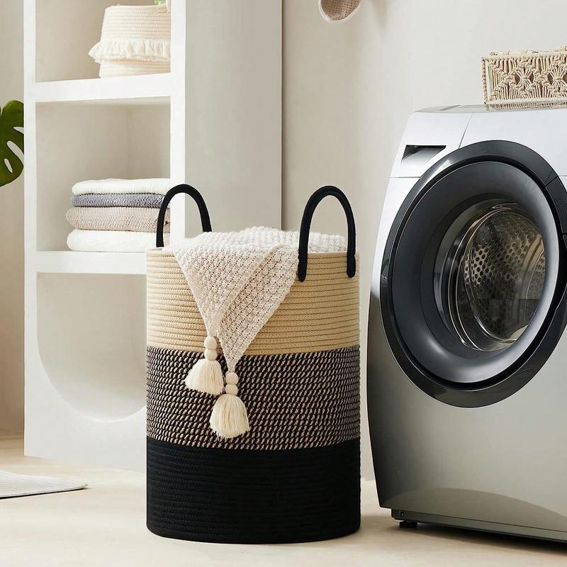 1pc -Tall Cotton Rope Laundry Hamper-15 X 20 Inches, Large Laundry Basket With Handles,Woven Storage Blankets Basket, Toys Basket, Dirty Clothes For Living Room, Bedroom, Brown & White, 58L Organiser Linen