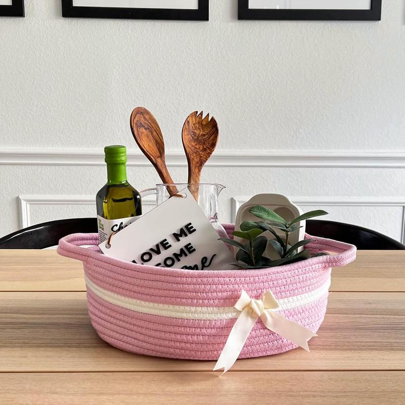 Pink Girl Gift Basket, Small Woven Rope Basket, Rectangle Shelf Basket for Bathroom, Cute Storage Basket , Diapers, Towels, Snacks, 13 x 9.8 x 4.9 inches