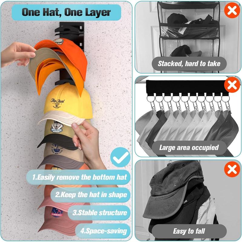 2Pack Baseball Cap Organizer: Wall Hat Rack with Strong Adhesive, Holds 20 Hats, 2 Mounting Options Adjustable Smooth