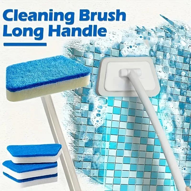 Multi-Purpose Long Handle Cleaning Brush Set with Detachable Sponge Head - Reusable Scrubber for Bathtub, Floors, Walls & Windows Tool