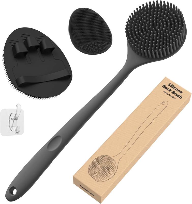 Silicone Back Scrubber (Thick Bristles) & Bath Glove & Face Brush Set(3PCS), Super-Exfoliating & Lathering Body Scrubber, Shower Brush, Face Scrubber Combination, with a  Hook.(Black)