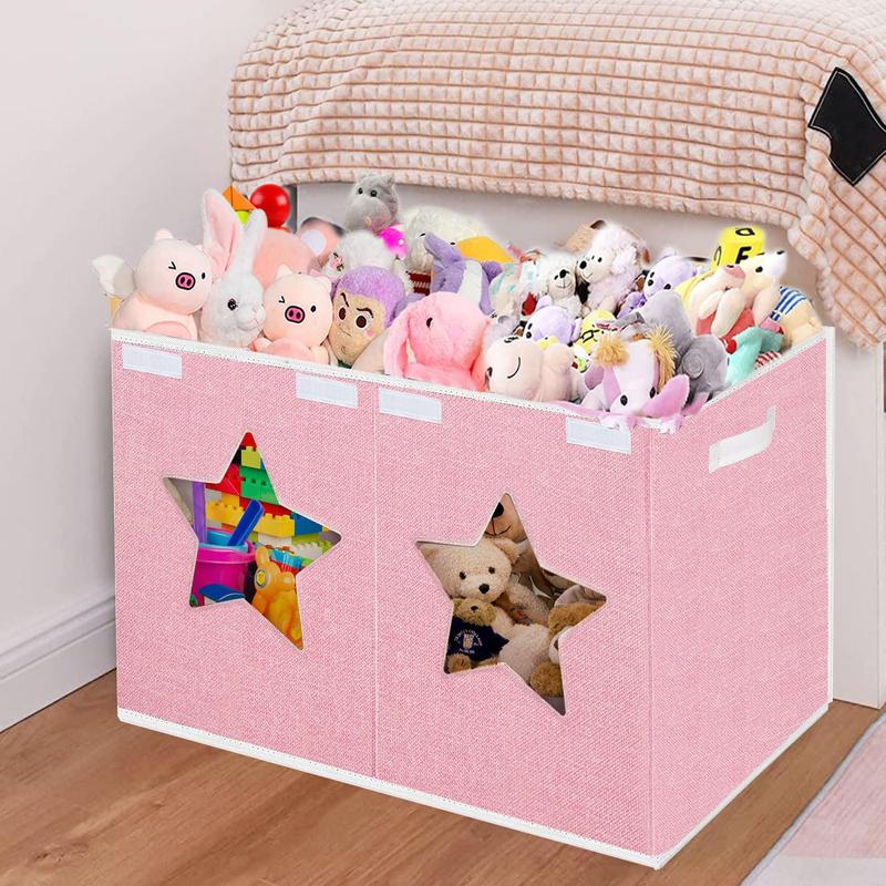 Large Toy Box for Girls, Toy Chest Box Organizer Bins with Star Transparent Windows, Sturdy Handles and Mesh Bag, Foldable Large Size Storage Box for Nursery, Playroom, Bedroom