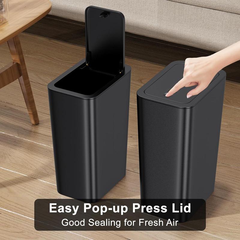 3 Pack 10L 2.6 gal bathroom trash can with lid. Small kitchen trash can with press type lid. Black. For bathroom, kitchen, office, bedroom.