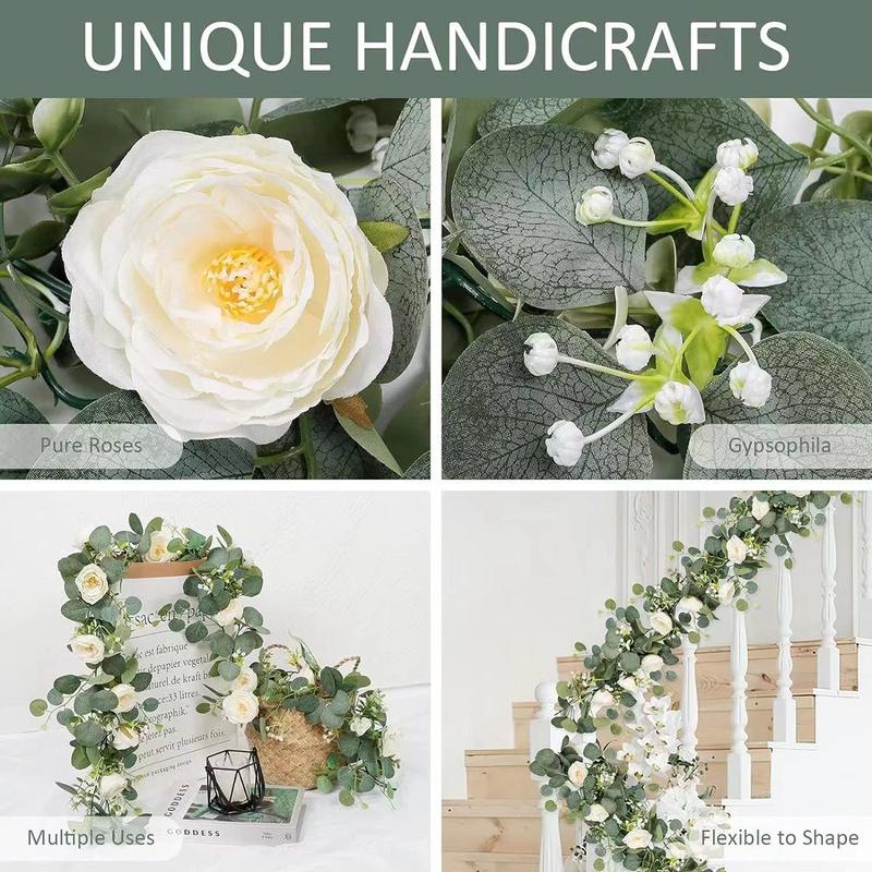 Artificial Rose & Eucalyptus Branch Vine, 1 Count Faux Flower Wreath, Decoration Supplies for Wedding Party Home Decor