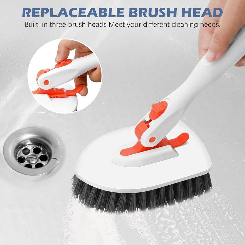 Floor Scrub Brush, 3-In-1 Tile Tub Floor Scrubber with 52-inch Adjustable Long Handle Shower Cleaner Brush and 3 Detachable Replacement Brush Head