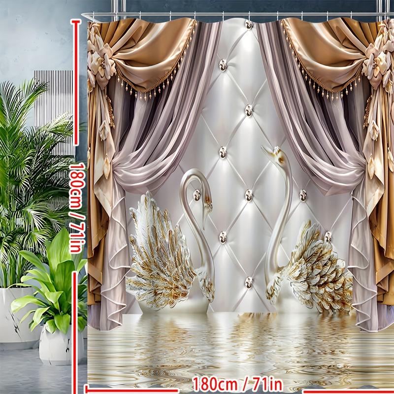 1 Piece Gold Floral Swan Print Shower Curtain Set with Hooks Waterproof Bathroom Partition Curtain, Bathroom Accessories, Beautiful Room Decoration