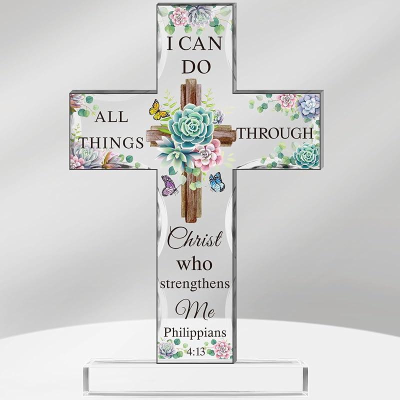 Acrylic Christian Standing Cross Inspirational Gifts with Bible Verse and Prayers Christmas Presents Religious Home Decor Gifts for Women Men