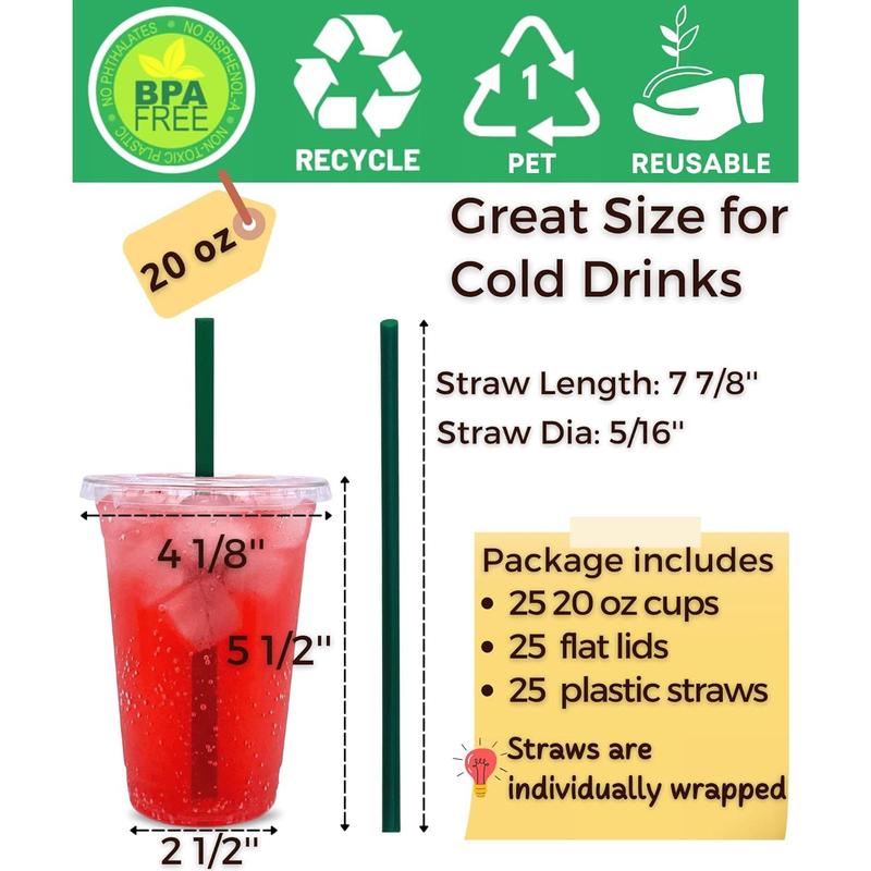 20 oz Clear Plastic Cups with Lids and Straws, Disposable Coffee Cups 25 Sets