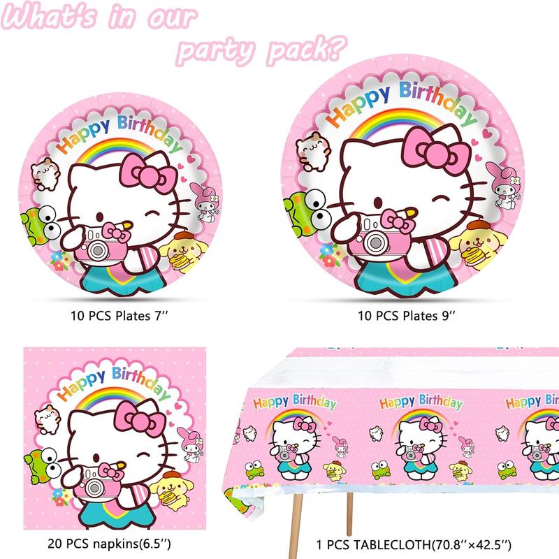 Kitty Birthday Party Supplies, 20 Plates, 20 Napkins and 1 Tablecover for Girls Kitty Party Decorations