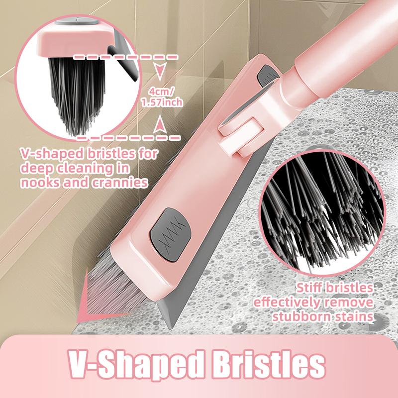 HAOTIKYU Pink Floor Scrub Brush with Long Handle 58'' Telescopic Handle Scrape Brush V-Shaped Corner Stiff Bristle Floor Scrubber with Squeegee for Cleaning Shower Bathroom Garage Kitchen Wall Tub Deck Tile