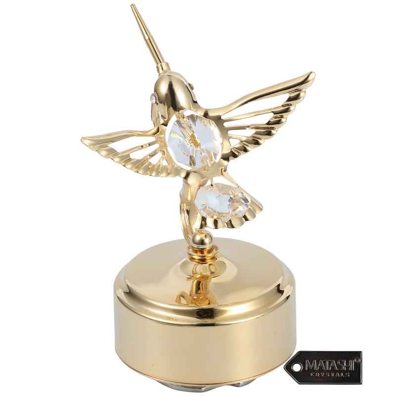 Matashi 24K Gold Plated Music Box - Crystal Studded Bee & Hummingbird Figurine - Plays 'Memory Decor Gift