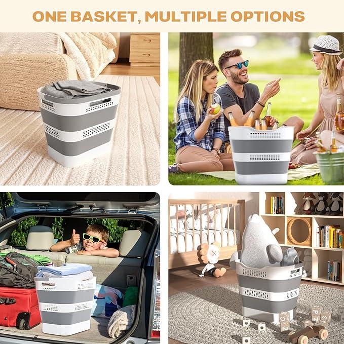 Foldable laundry basket Plastic, pop-up laundry basket storage container, foldable laundry basket with, durable, space saving (gray)