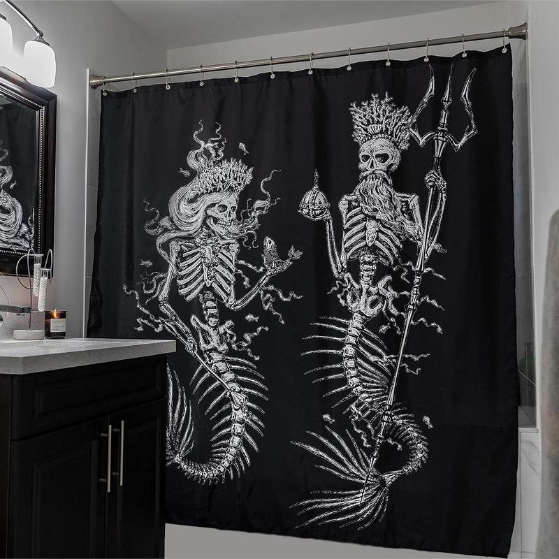 Skeleton Mermaid Pattern Shower Curtain, Halloween Decorative Waterproof Durable Shower Curtain with 12pcs Hooks, Bathroom Accessories for Home Salon Dormitory Hotel