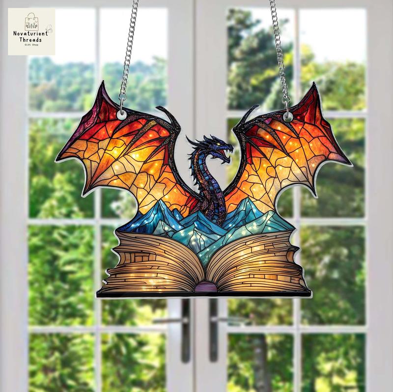 Book Dragon Suncatcher Ornament, Fantasy Dragon Wall Art Decoration, Acrylic Material, UV Printed, 6x6 inch - Hanging, Artwork