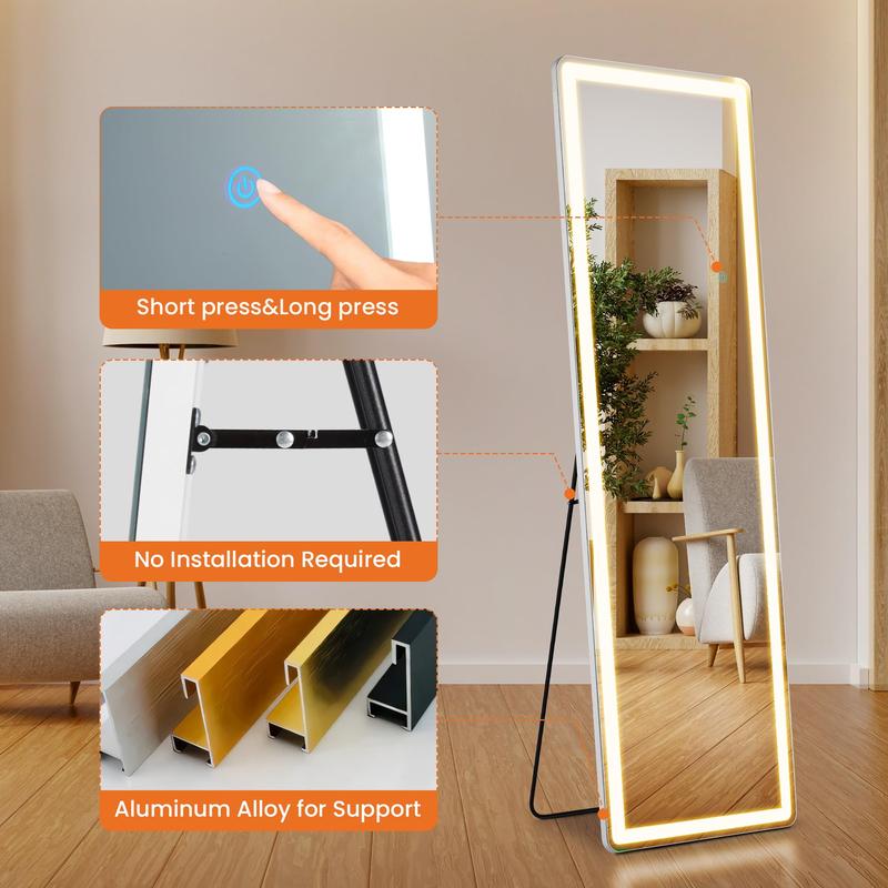 Floor Mirror with LED Light, 64” x 21” Full Length Mirror with Stand. Features Dimming & 3 Color Lighting, Can Be Wall Mounted or Freestanding. Ideal for Full Body Viewing in Living Room, Bedroom, or Cloakroom, White Frame.