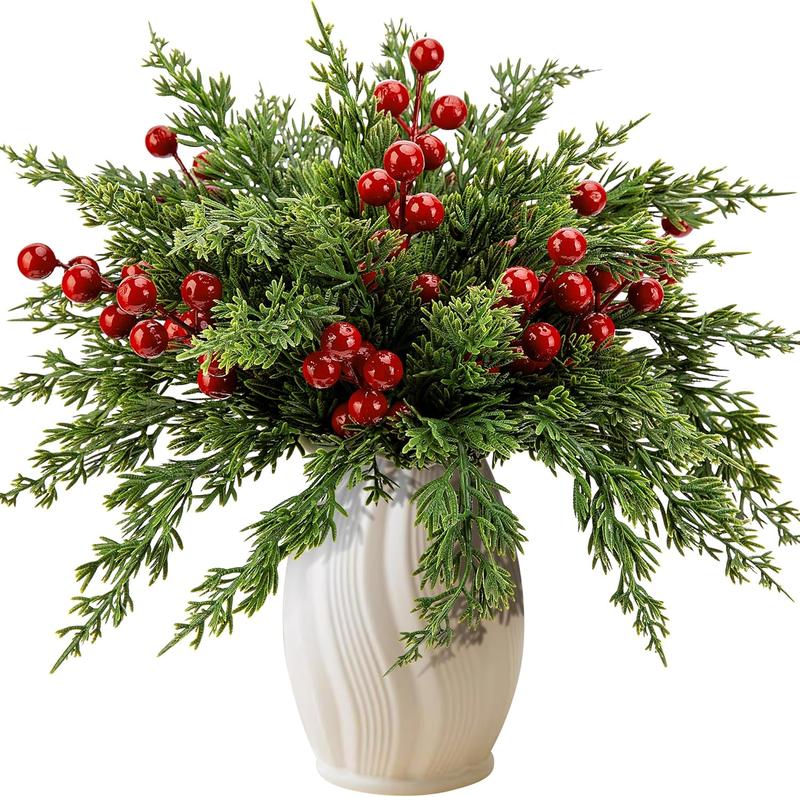 45 Pcs Christmas Artificial Pine Branches with Red Berry Stems- 10.5