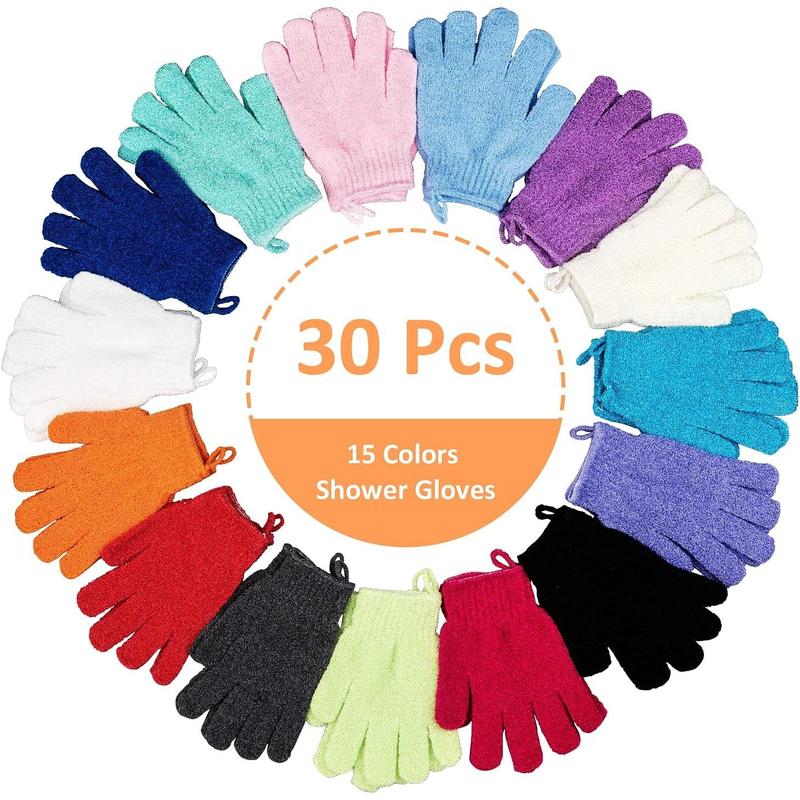 30 Count Exfoliating Gloves for Shower, 15 Colors Body Exfoliator Glove with Hanging Loop, Scrub Exfoliate Glove Mitt Bath Face Spa Hand Scrubber Wash Deep Scrubbing Dead Skin for Women Men Accessories Personal