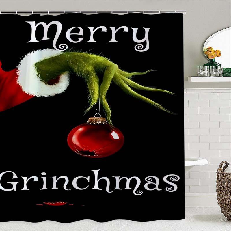 Grinch Hand Merry Christmas Theme Shower Curtain, Waterproof Shower Curtain with 12 Hooks, Bathroom Decor Supplies for Home Hotel Salon Dormitory