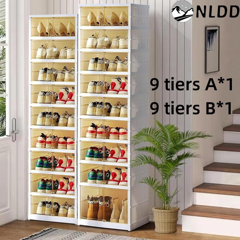 NLDD's 9-Tier (8+1) Adaptive Shoe Storage System: Clear, Space-Saving for 18 Pairs, Closet-Friendly Collapsible Design, Complete with Shoe Boxes