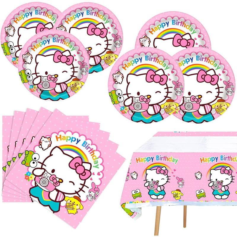 Kitty Birthday Party Supplies, 20 Plates, 20 Napkins and 1 Tablecover for Girls Kitty Party Decorations