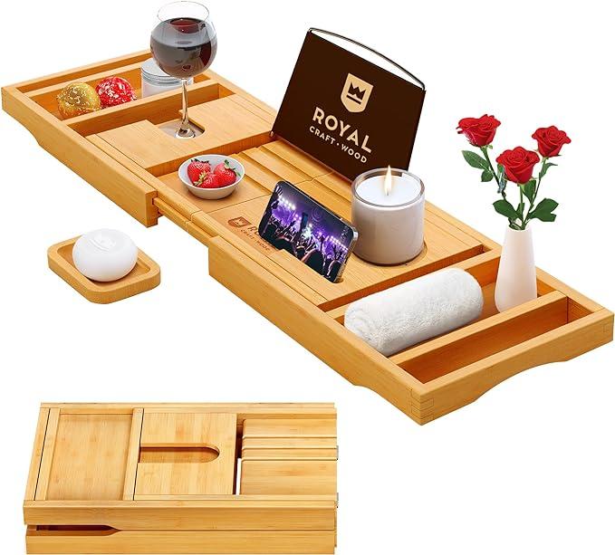 ROYAL CRAFT WOOD Premium Foldable Bathtub Tray - Expandable Bath Tray for Tub - Unique House Warming Bath Tub Tray Wood - Luxury Bathtub & Bathroom Accessories for New Home, Relaxing Spa, Women