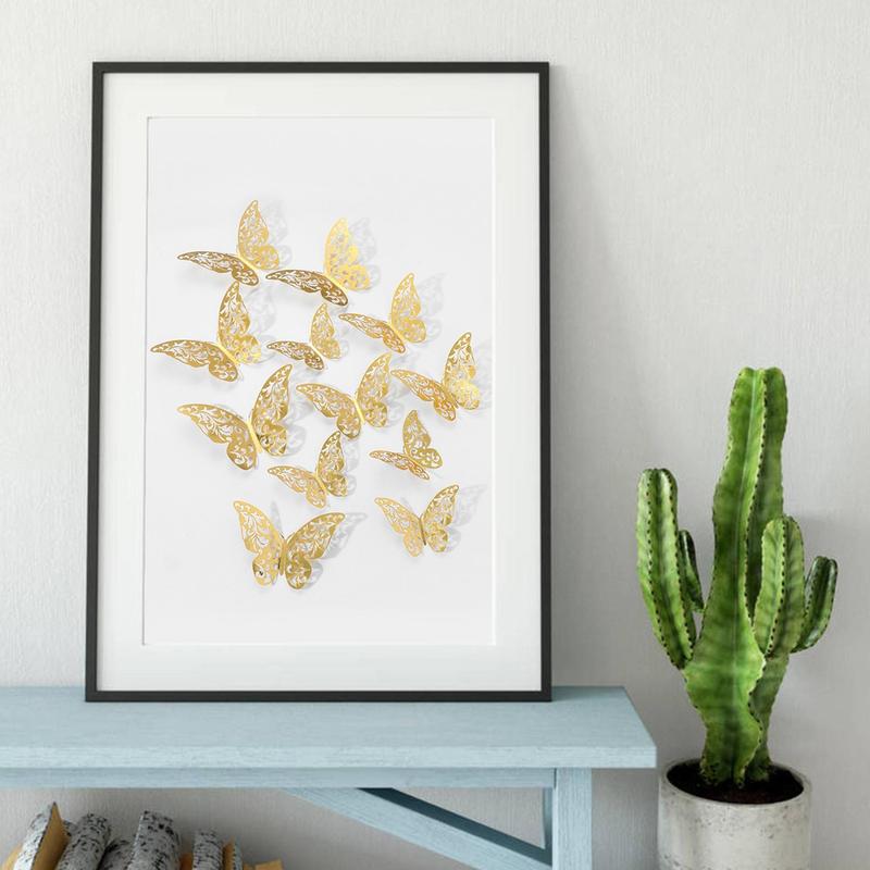 12pcs set 3D Hollow Out Butterfly Design Wall Sticker, Creative Paper Cake Topper, Backdrop Decorative Decal For Home Bedroom Living Room DIY, Room Decor