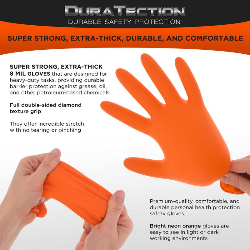 Duratection 8 Mil Orange Super Duty Diamond Textured Nitrile Disposable Gloves, Box of 100, Large - Latex Free, Powder Free, Food Safe, Safety Protection Work Gloves Cleaning