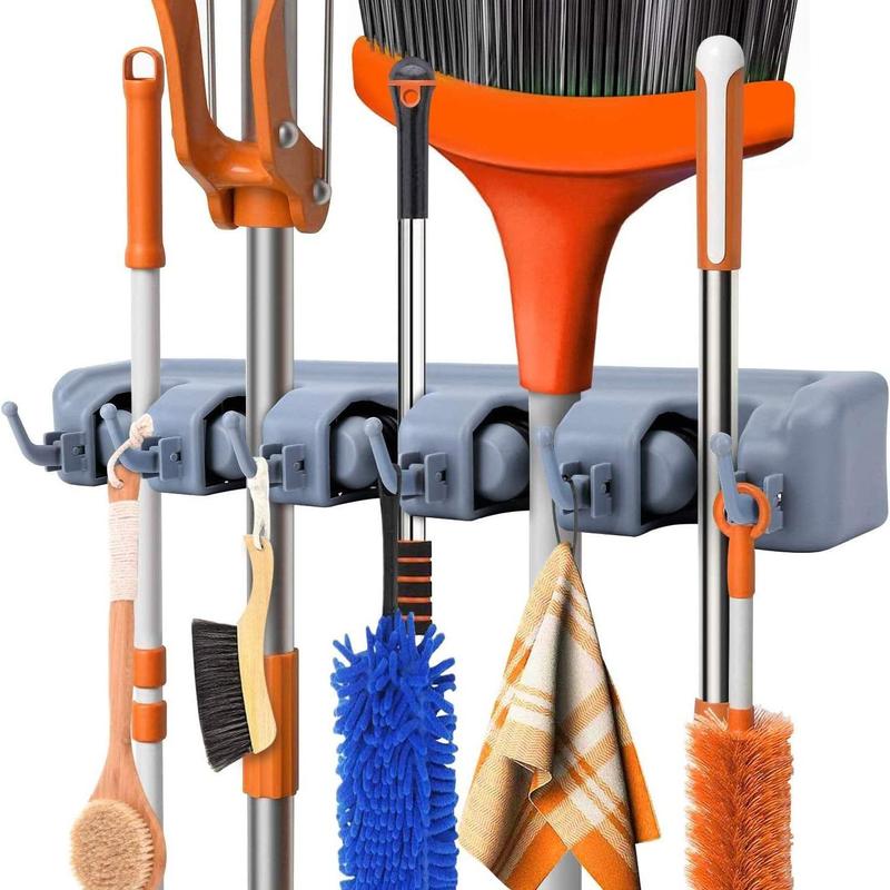 Wall Mounted Broom Holder, 1 Count 5 Position & 6 Hooks Mop and Broom Hanger Holder, Garage Storage Rack & Garden Tool Organizer