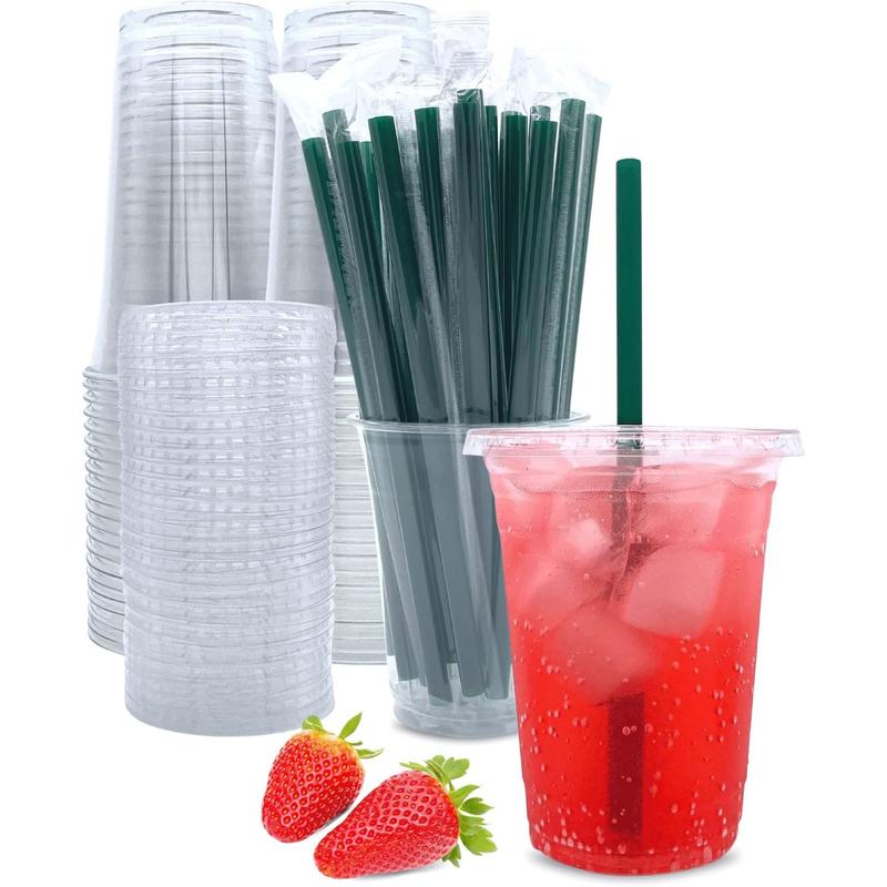 20 oz Clear Plastic Cups with Lids and Straws, Disposable Coffee Cups 25 Sets