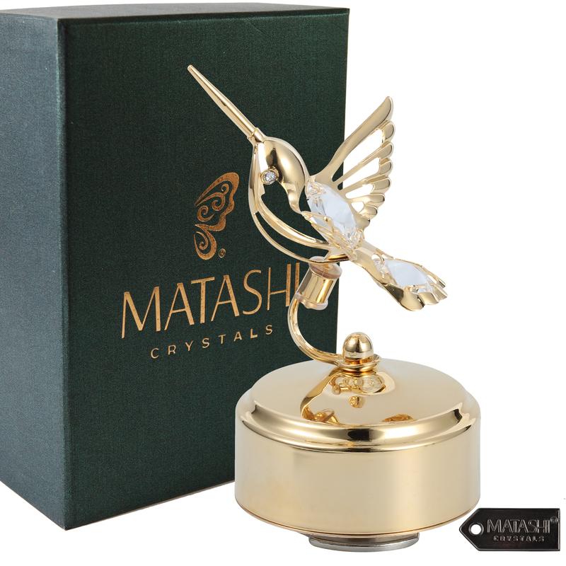 Matashi 24K Gold Plated Music Box - Crystal Studded Bee & Hummingbird Figurine - Plays 'Memory Decor Gift