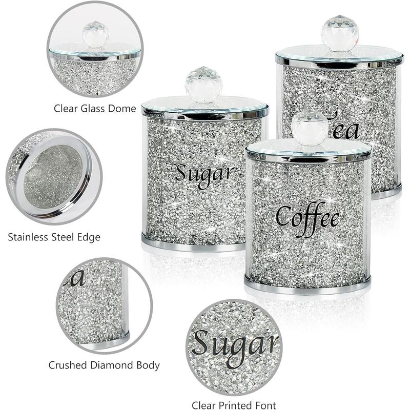 Topsky Coffee Sugar Tea Crystal Canister Set of 4,Sparkly Crystal Crushed Diamonds Home Decor,Silver Kitchen Coffee Jar Storage Set with Label & Lid,Storage Container Set for Countertop,Dining Room