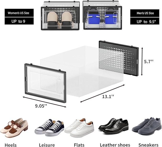 Pack of 12, Clear Plastic Stackable Shoes Organizer for Closet, Sneaker Container, Space Saving Foldable Shoe Rack for Room, Black Frame Lightweight