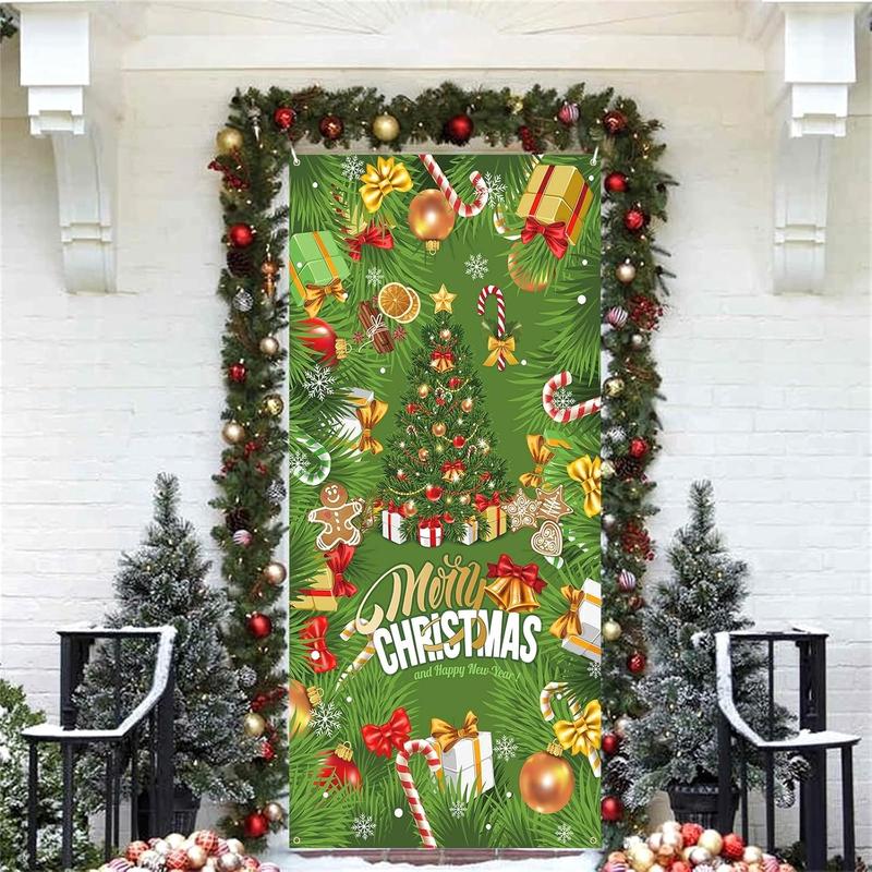 Christmas Door Cover Banner, Green Glitter Christmas Tree Backdrop Banner with Gift Boxes Candy Cane, Xmas Decorations Door Sign Banner for Outdoor Home Yard Garden  Year Party Decor, 90x185cm