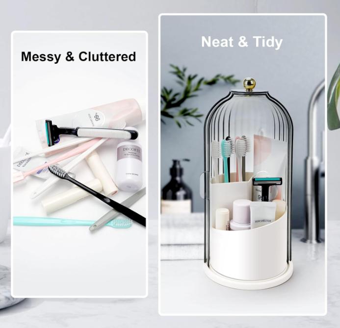 Toothbrush Holders with Sliding Lid, Rotating 3 Slots Bathroom Organizer Countertop, Tooth Brush Toothpaste Holder Bathroom Counter Stand Sink Organizer Caddy for Vanity Makeup Brushes Holder