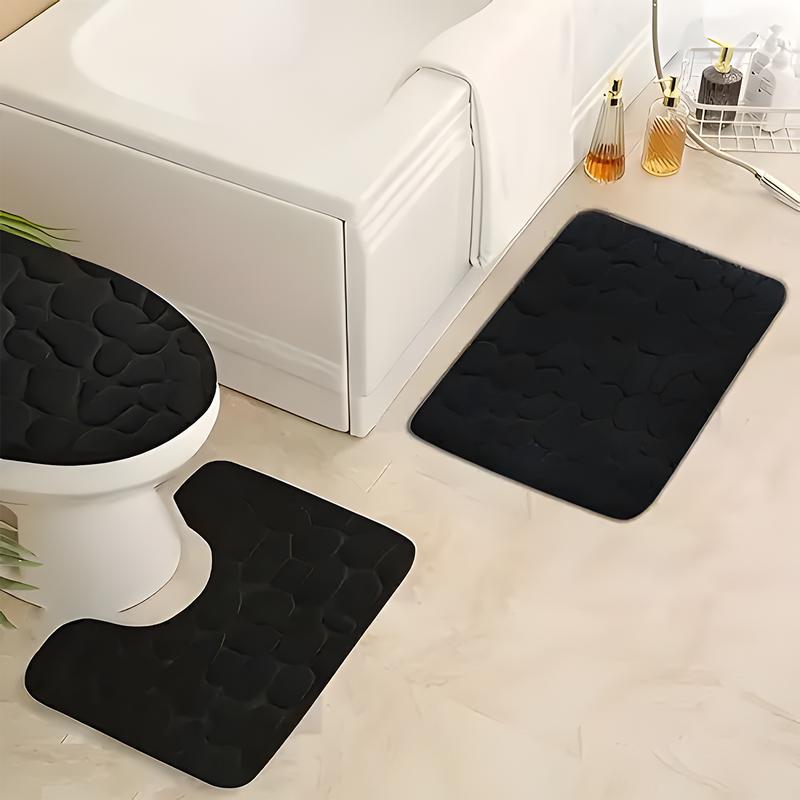 3pcs Memory Foam Bathroom Mats Set, Non-Slip Bath Rug, Toilet U-Shape Mat, Soft Comfortable Shower Room Carpet, Stone Embossed Solid Color Bath Mat, Bathroom Decor,  kitchen Area Rugs, Bathroom Accessories water absorbent bath Pebble Letter