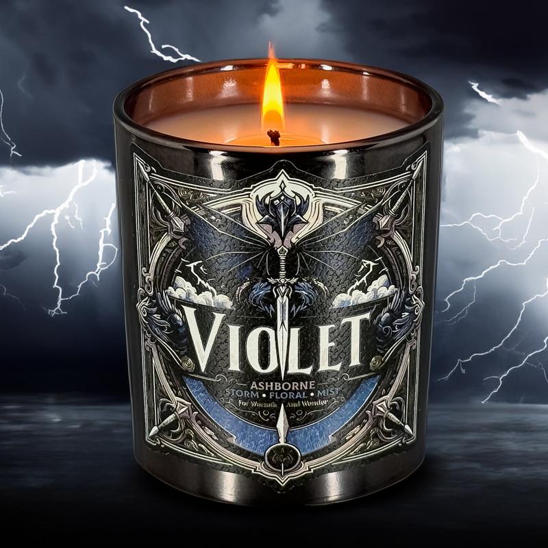 Violet - Fourth Wing Inspired 8oz Scented Candle - Storm, Florals, Mist - Natural Coconut Wax - 35 h Burn Time - Premium Foil Label