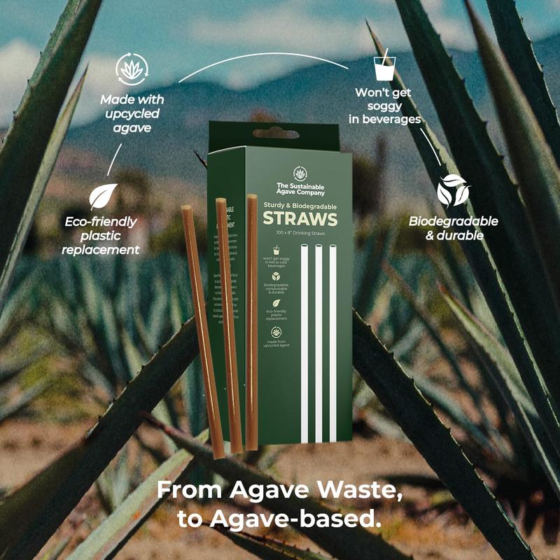 Sustainable Agave Co - 100 Agave Fiber Unwrapped Drinking Straws - Biodegradable Plant-Based, Made from Upcycled Materials, 8” Brown Disposable Straws