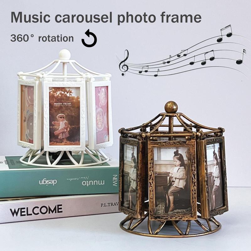 Musical Design Carousel Rotatable Photo Frame, Vintage Photo Frame Stand, Desktop Decorative Photo Frame, Home Decor for Living Room Bedroom