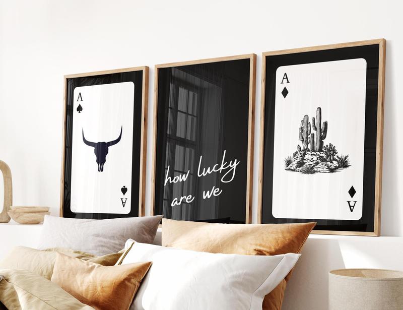 How Lucky Are We Set of 3, Ace Playing Card Poster, Trendy Western Wall Art, Retro Cowgirl Print, Modern Cowboy Decor Artistic Photo