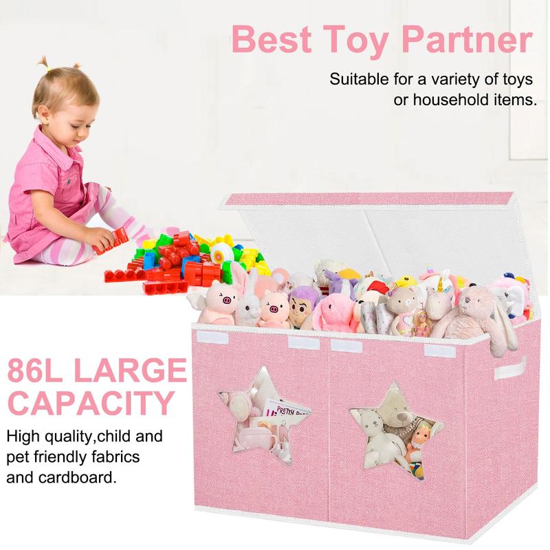 Large Toy Box for Girls, Toy Chest Box Organizer Bins with Star Transparent Windows, Sturdy Handles and Mesh Bag, Foldable Large Size Storage Box for Nursery, Playroom, Bedroom