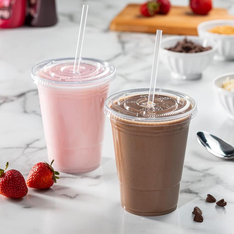 [FREE STRAWS] 200 Sets Clear Plastic Cups With Flat Lids, Disposable Cups With Lids for Cold Drinks, Milkshake, Smoothie, Iced Coffee and TO-GO Drinks