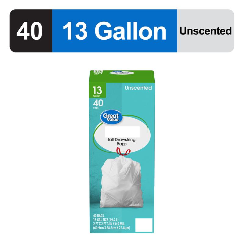 13-Gallon Unscented Drawstring Tall Kitchen Trash Bags – 40 Count